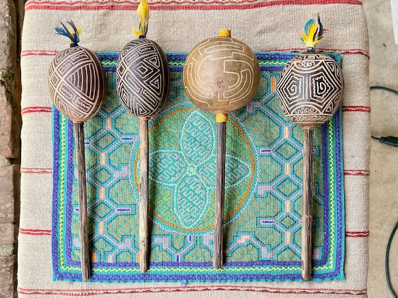 Shaman Gourd Rattle from the Peruvian Amazon, Traditional Shipibo Rattle for Shamanic Ceremony, Made In Iquitos, Peru