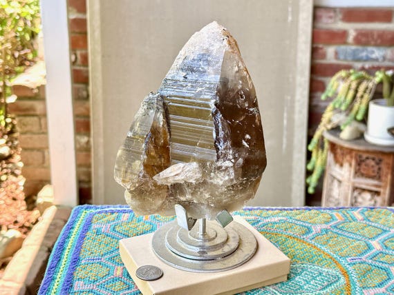 Smoky Citrine, Lemurian Striations & Black Tourmaline Inclusion, 2.4 Kilo, Mother and Child Formation, Minas Gerais, Brazil W014
