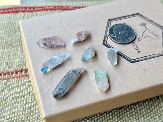 Blue Dragon Quartz Lot, 7 pcs, Rare Find, Quartz Crystals with Blue Lithium Inclusions, Bahia, Brazil T236