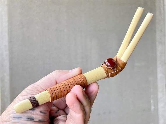 Double Tepi Pipe with Carnelian Agate, Handcrafted Wooden Double Tepi