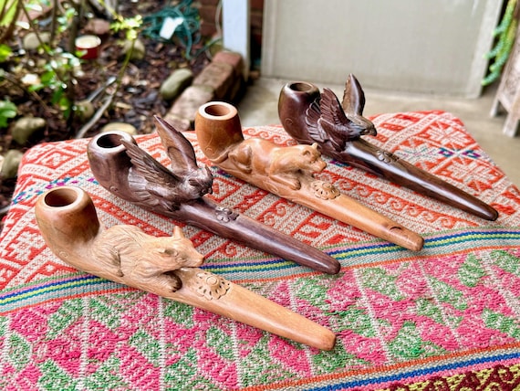 Shaman Pipe, Wolf, Owl, Jaguar or Eagle, Hand Carved Wooden Tobacco/Mapacho Pipe for Shamanic Ceremony