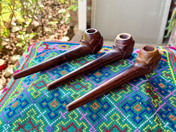 Shaman Pipe with Flower, Traditional Solid Wood Tobacco Pipe for Shamanic Ceremony, Hand Carved from Natural Tropical Hardwood