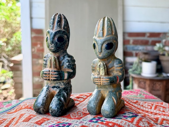 Extraterrestrial Alien with Cactus, Carved Stone Statuettes, Choose ONE of Two, Hand Carved in Peru