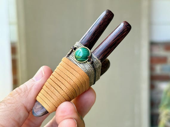 Double Kuripe Pipe with Malachite, Traditional Shamanic Applicator Pipe, Hand Crafted from Natural Dark Tamarind Wood