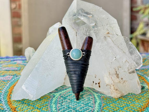 Kuripe with Blue Aquamarine, Dark Tamarind Wood Kuripe, Traditional Shamanic Self-Applicator Pipe