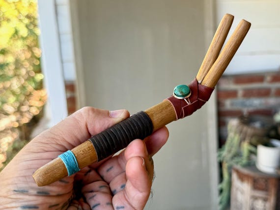 Double Tepi Pipe with Turquoise, Traditional Shamanic Applicator, Handcrafted Teak Wood Dual Tepi