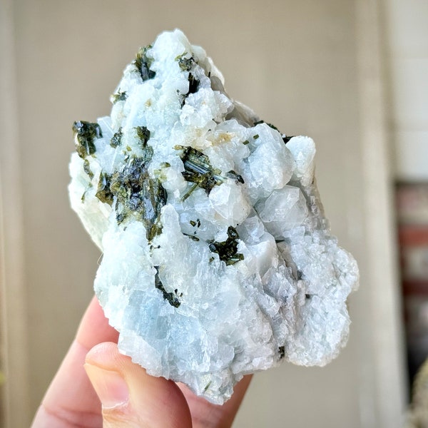 Ice Blue Albite with Gemmy Green Tourmaline, 349g, Rare Find, Aricanga Mine, Minas Gerais, Brazil W076