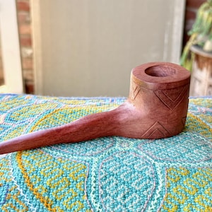 Shaman Pipe with Leaves, Traditional Hand Carved Wood Tobacco Pipe for Shamanic Ceremony, Handmade by Betson Macawashi in Pucallpa, Peru
