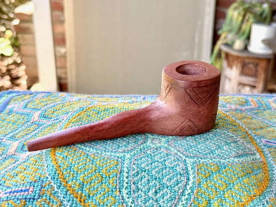 Shaman Pipe with Leaves, Traditional Hand Carved Wood Tobacco Pipe for Shamanic Ceremony, Handmade by Betson Macawashi in Pucallpa, Peru