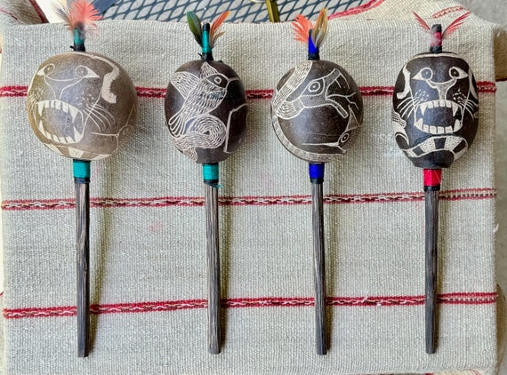 Shaman Rattle with Condor, Jaguar, Hummingbird and Serpent, Traditional Shipibo Rattle for Shamanic Ceremony, Made in Peru