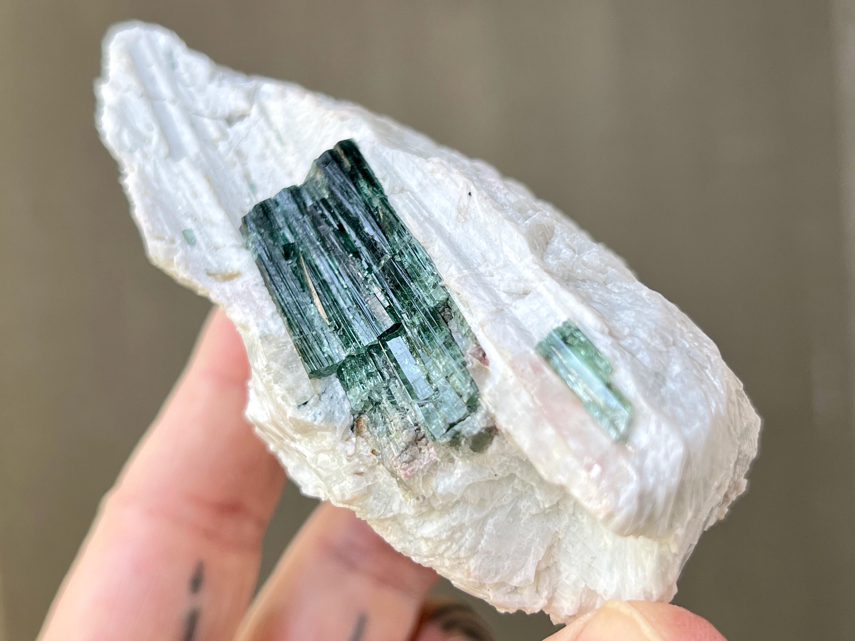 White Albite with Teal Blue Green Tourmaline Inclusion, 314g, Rare Find ...