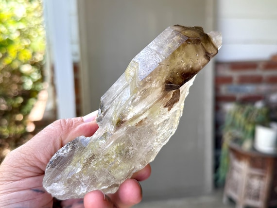 Elestial Smoky Quartz, Sulfite Inclusion & Unique Termination, 461g, Root Chakra, Aracuai, Minas Gerais, Brazil V034