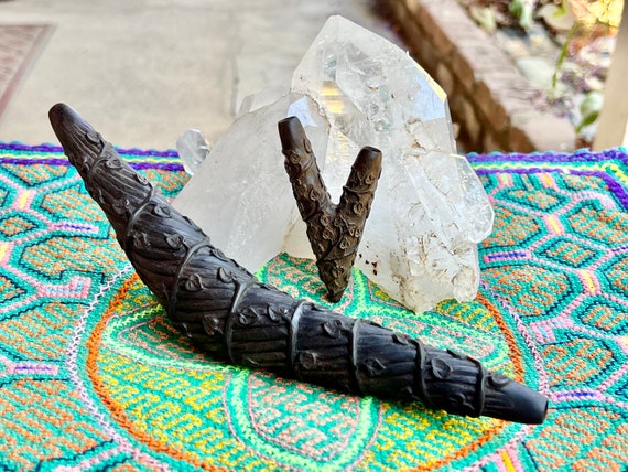 Kuripe and Tepi Set, Traditional Shamanic Applicator Pipes, Hand Carved from Solid Wood, Vine Motif