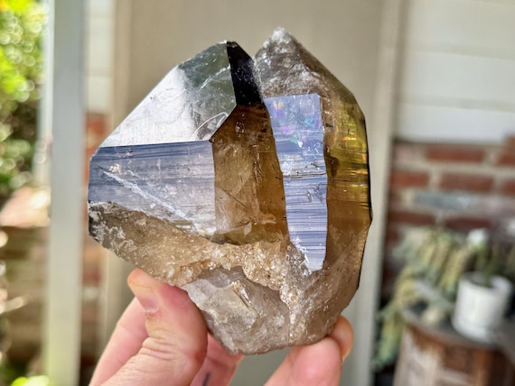 Smoky Citrine Cathedral with Rainbow, Self-Standing, Tantric Twin Formation, 855g, Aracuai, Minas Gerais, Brazil W818