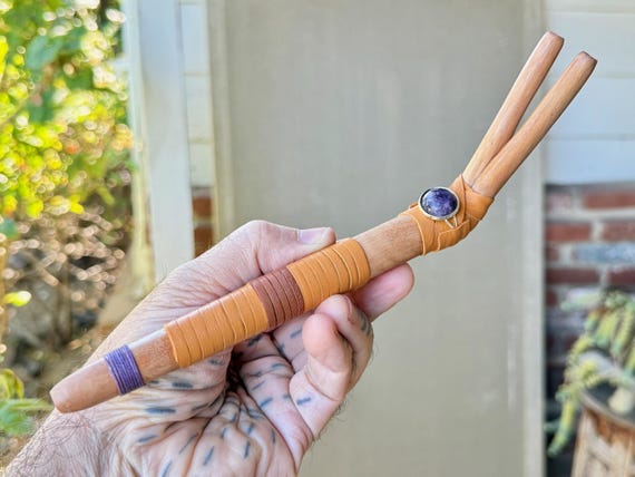 Double Tepi Pipe with Purple Lepidolite, Natural Teak Wood Double Tepi, Handcrafted Traditional Shamanic Applicator Pipe