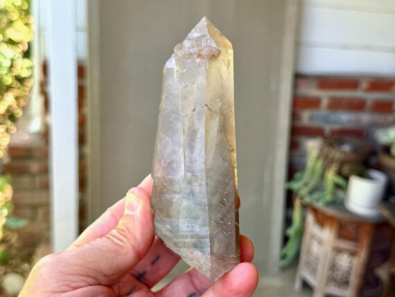 Candle Phantom Quartz with White Amphibole, 392g, New Find, Guardian Angels, Diamantina, Minas Gerais, Brazil V536