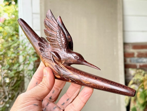 Hummingbird Totem Tepi Pipe, Natural Wood Tepi with Wonderful Detail, Hand Carved from a Single Piece of Dark Tamarind Wood
