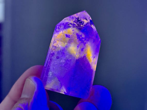 Powellite Phantom Quartz with Ametrine, UV Reactive & Self-Standing, 52g, New Find, Channeling Formation, Bahia, Brazil T220