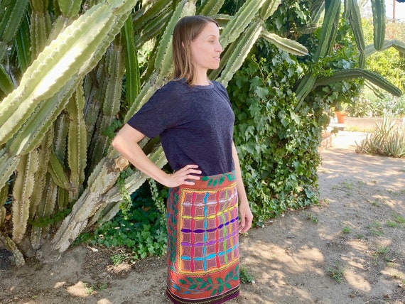 Shipibo Wrap Skirt with Flower of Life and Serpents by Curandera Dolores Mermao, 60" x 26", Embroidered Tapestry for Shamanic Ceremony