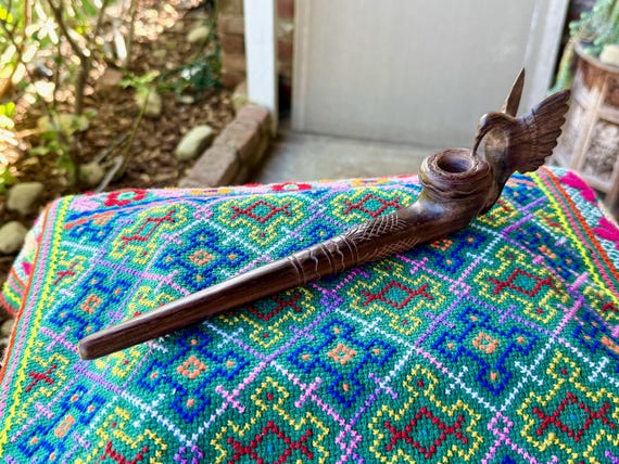 Hummingbird Pipe, Traditional Wooden Tobacco Pipe for Shamanic Ceremony, Hand Carved from Natural Tropical Hardwood