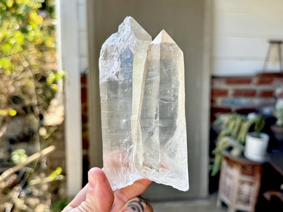 Cathedral Quartz with Black Tourmaline, Tantric Twin Formation, 576g, Water Clear Clarity, Minas Gerais, Brazil X737