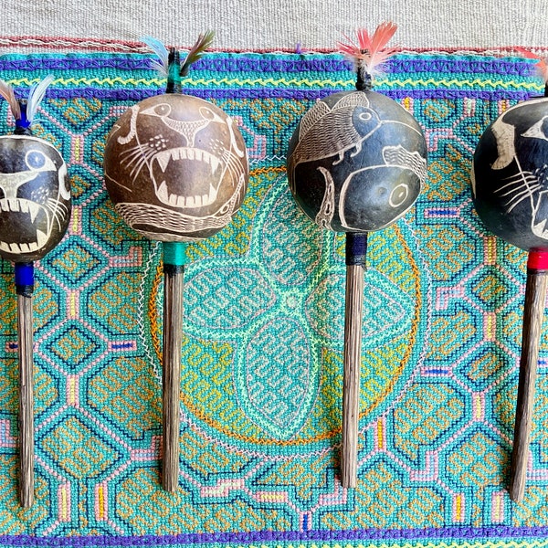 Shaman Rattle with Condor, Puma and Serpent, Traditional Shipibo Rattle for Shamanic Ceremony, Amazonian Gourd Rattle, Made In Peru