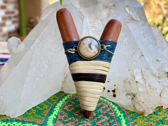 Kuripe, Natural Wood Kuripe with Crazy Lace Agate, Handcrafted Shamanic Self-Applicator Pipe