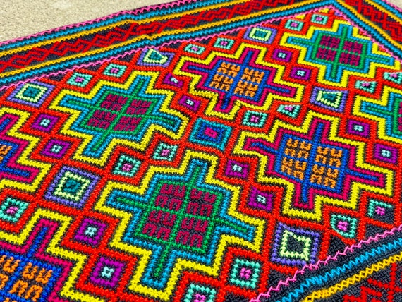 Shipibo Manta Cloth by Peruvian Artist Isabel Franchini, 17" x 25", Embroidered Shamanic Altar Cloth for Plant Medicine Ceremony