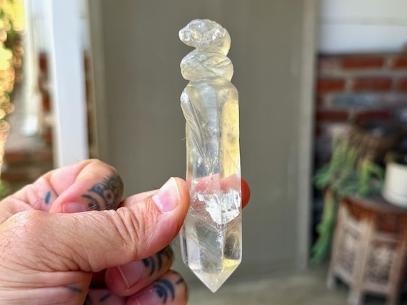 Blue Needle Quartz Serpent Carving, Shamanic Snake Crystal, Hand Carved in Peru B153