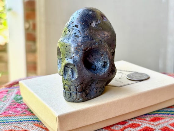 Extraterrestrial Skull from Peru, Hand Carved from Alleged Meteoric Rock, Incan Alien Skull by Artist Ruben Layme