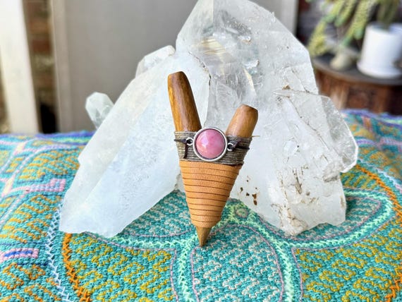 Natural Wood Kuripe with Pink Rhodonite, Traditional Handcrafted Shamanic Self-Applicator Pipe