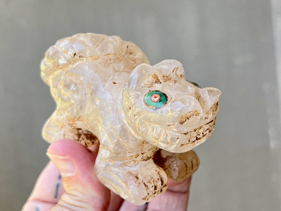 Incan Puma Totem Carving by Peruvian Artist Ruben Layme, Hand Carved Quartz Crystal Puma for Shamanic Altar