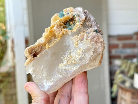Quartz with Blue-Green Tourmaline & Golden Mica, 784g, Old Find, Aricanga Mine, Minas Gerais, Brazil W364