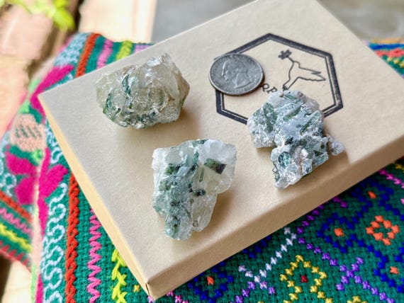 Green Tourmaline Quartz Lot, 3 pcs, Old Find, Heart Chakra, Santa Rosa Mine, Itambacuri, Minas Gerais, Brazil A614