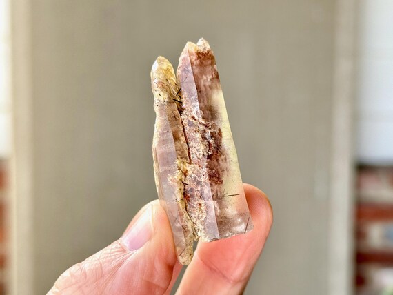 Orange Lodolite Quartz with Black Tourmaline Inclusions, Tantric Twin, 32g, New Find, Diamantina, Minas Gerais, Brazil S294