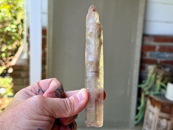Candle Phantom Quartz with White Amphibole, Elongated Formation, 124g, New Find, Guardian Angels, Diamantina, Minas Gerais, Brazil A920