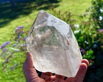 May include: A large, clear quartz crystal with a pointed tip. The crystal is held in a hand, with a blurred green and purple floral background. The crystal has a rough, textured surface and a translucent appearance.