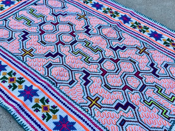 Shipibo Manta Cloth, Embroidered Shamanic Mesa Cloth, 18" x 29," Handmade in Pucallpa, Peru