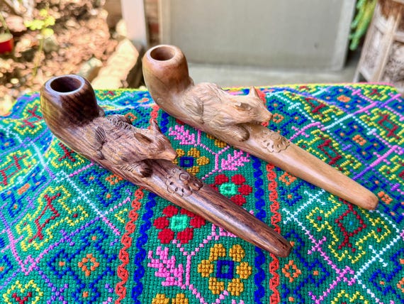 Wolf Pipe, Traditional Wooden Tobacco Pipe for Shamanic Ceremony, Hand Carved from Natural Sawo and Dark Hardwoods