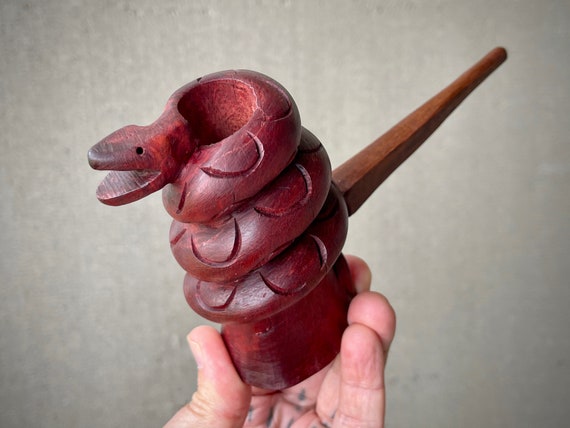 Mapacho Pipe with Snake, Hand Carved Wooden Pipe with Serpent for Shamanic Plant Medicine Ceremony, Made in Iquitos, Peru