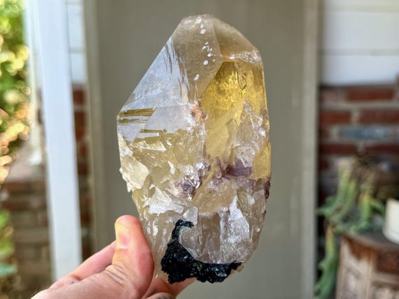 Citrine with Purple Lepidolite & Black Tourmaline, 688g, Solar Plexus and Heart Chakra, Aracuai, Minas Gerais, Brazil W812