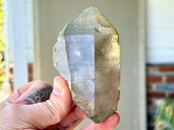 Smoky Himalayan Cathedral Quartz with Green Chlorite, 300g, High Altitude Quartz, Grounding & Purification, India W214