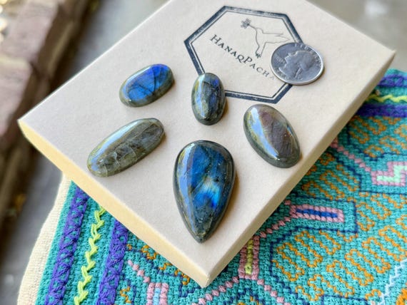 Labradorite Cabochon Lot with Blue Flash Hues, 5 Pieces, Oval and Teardrop Flatback Cabochons for Jewelry Making or Crystal Grid S159