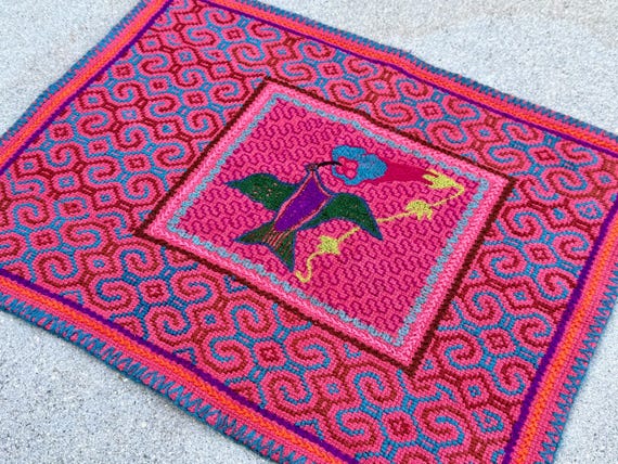 Shipibo Manta Cloth with Hummingbird, 12" x 16.5", Embroidered Mesa Cloth for Shamanic Ceremony, Handmade in Pucallpa, Peru