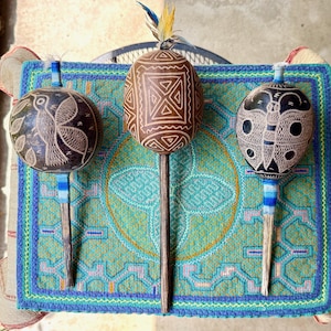Shaman Rattle from Peru - Hummingbird, Traditional or Butterfly, Large Shipibo Gourd Rattle for Shamanic Ceremony, Handmade in Pucallpa