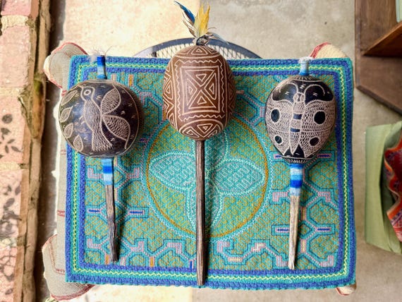Shaman Rattle from Peru - Hummingbird, Traditional or Butterfly, Large Shipibo Gourd Rattle for Shamanic Ceremony, Handmade in Pucallpa