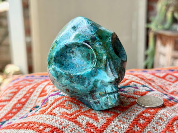 Chrysocolla Alien Skull, Peruvian Extraterrestrial Statuette, Hand Carved in Peru