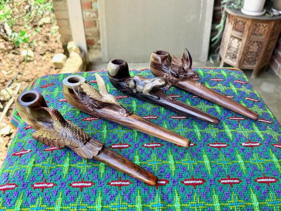 Shaman Pipe, Hummingbird, Jaguar & Eagle, Hand Carved, Wooden Tobacco Pipe for Shamanic Ceremony