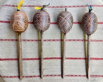 Shaman Gourd Rattle from the Peruvian Amazon, Traditional Shipibo Rattle for Shamanic Ceremony, Made In Iquitos, Peru