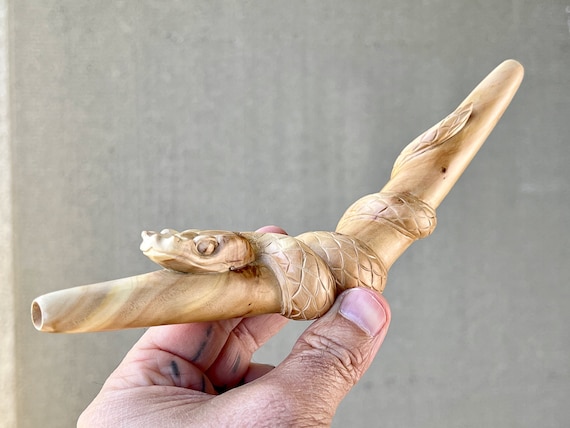 Serpent Tepi Pipe, Solid Wood Snake Tepi with Beautiful Detail, Hand Carved from a Single Piece of Fragrant Cemara Wood